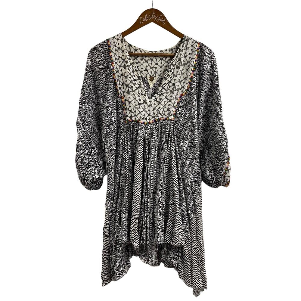 Free People FP One Mixed Print Tunic Top Small Raw Hem Rayon Bohemian